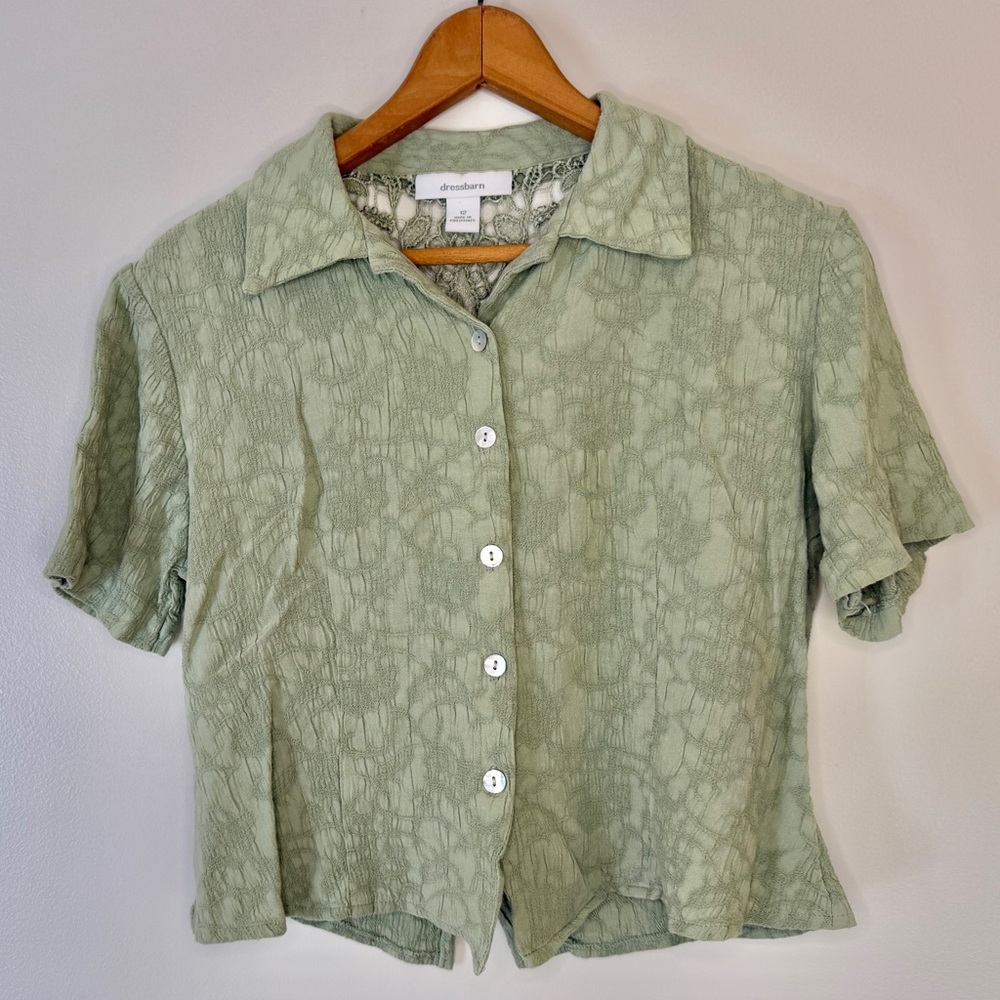 Green Crochet Lace Back Button Up Shirt Cropped Textured Boho Cottagecore Top L